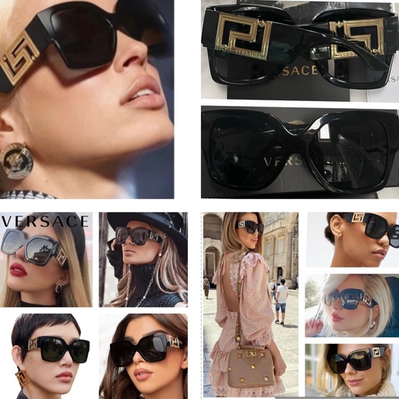 VERSACE STUNNING BLACK SQUARE FRAME SUNGLASSES WITH DRAMATIC GOLD GRECA LOGO - Picture 11 of 16